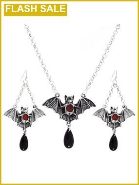 Gothic Bat Wing Crystal Pendant Necklace & Earrings Jewelry Set